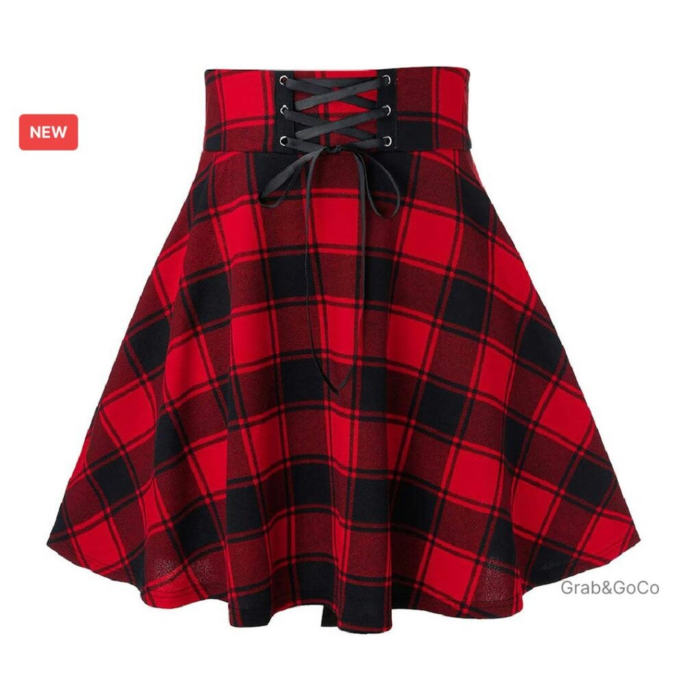 Gothic Plaid Mini Skirt High Waist Lace Up A-Line Flared Y2k Chic
